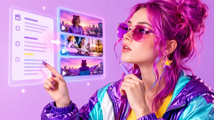 Colorful creator portrait beside a video script and scene-generation interface.