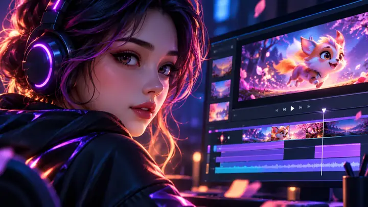 Illustrated character portrait beside a video animation interface.