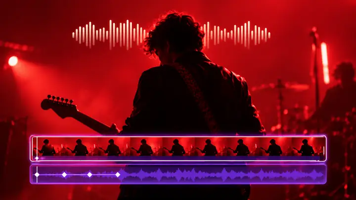 Music waveform and video timeline set against a dramatic red performance scene.