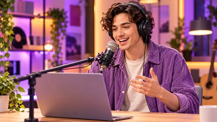 Presenter speaking into a microphone in a text-to-speech feature preview.