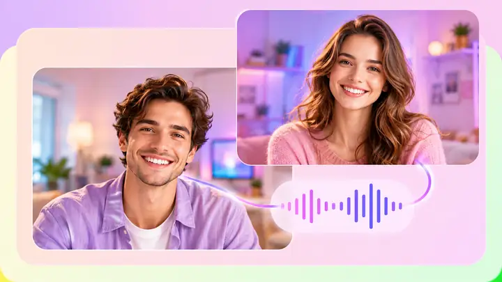 Two presenter portraits connected by a violet audio waveform.